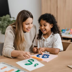 logopède et un enfant travaille la lettre d